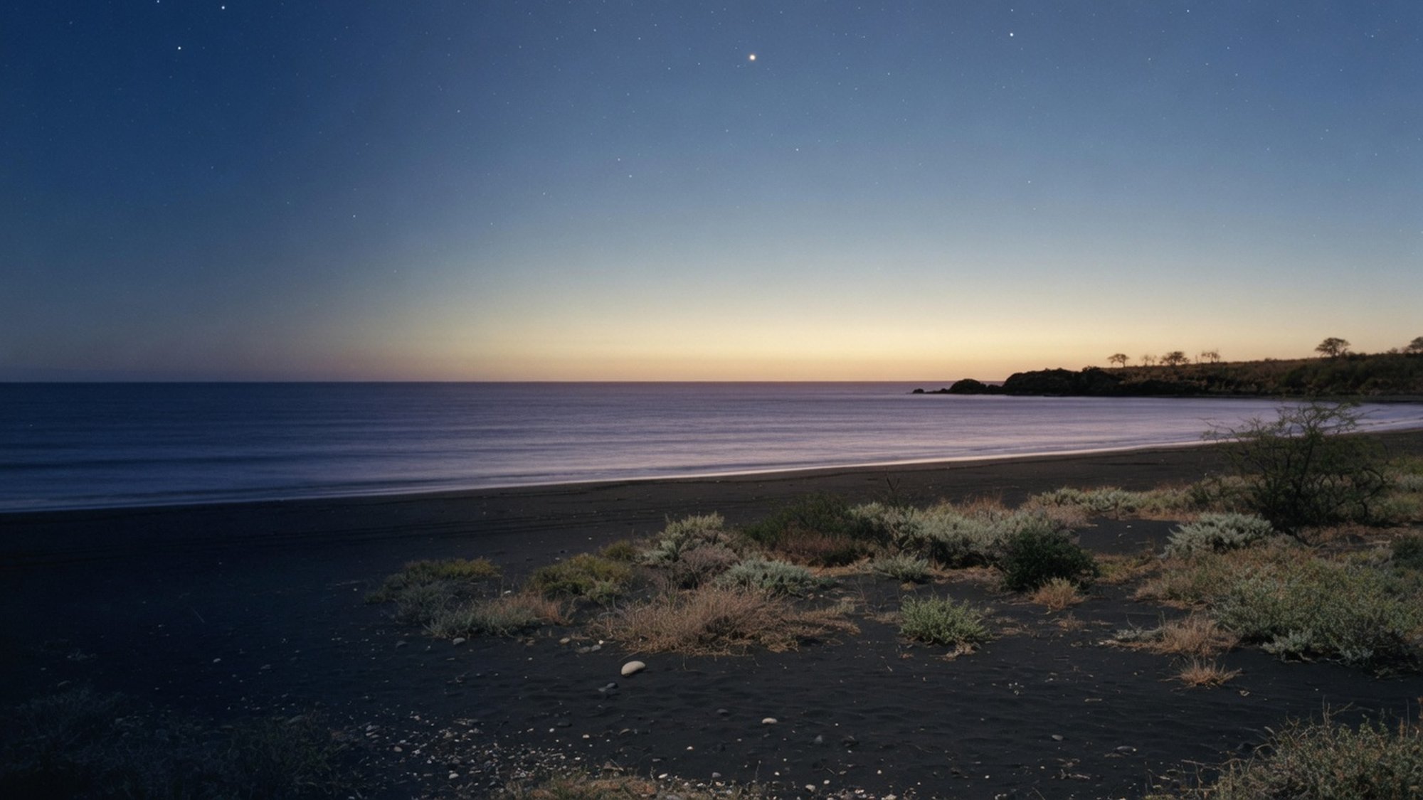 A dark Pacific shoreline at first light.